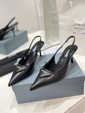 Prada Black Leather Triangle‑Logo Pointed‑Toe Slingback Heels